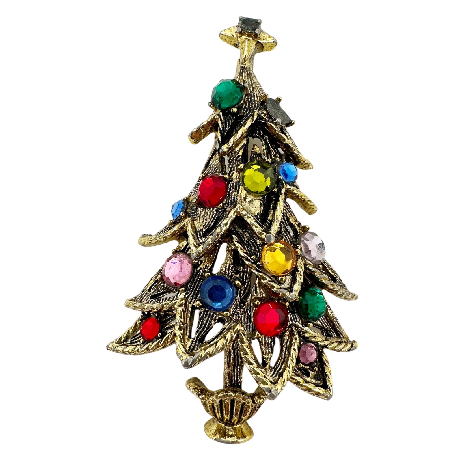 Vintage Hollycraft Gold & Rhinestones Christmas Tree Brooch Holidays Jewelry Pin